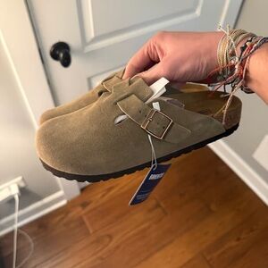 🥯Birkenstock Boston Suede Taupe-Natural Leather Clog